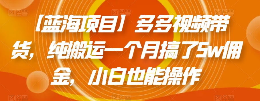 【蓝海项目】多多视频带货，纯搬运一个月搞了5w佣金，小白也能操作【揭秘】-大齐资源站