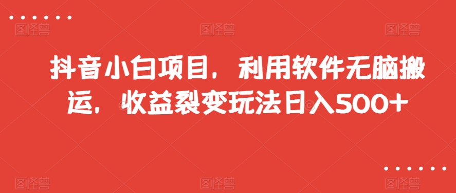 抖音小白项目，利用软件无脑搬运，收益裂变玩法日入500+【揭秘】-大齐资源站