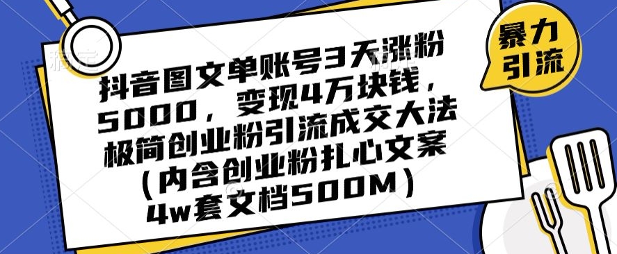 抖音图文单账号3天涨粉5000，变现4万块钱，极简创业粉引流成交大法-大齐资源站