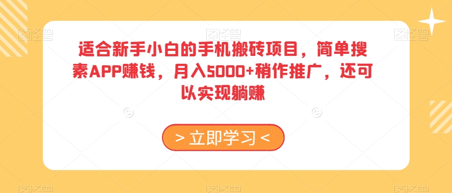 适合新手小白的手机搬砖项目，简单搜素APP赚钱，月入5000+稍作推广，还可以实现躺赚【揭秘】-大齐资源站