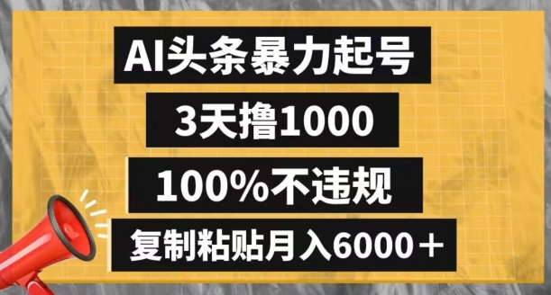 AI头条暴力起号，3天撸1000,100%不违规，复制粘贴月入6000＋【揭秘】-大齐资源站