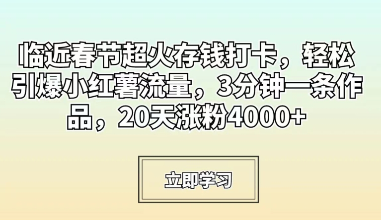 临近春节超火存钱打卡，轻松引爆小红薯流量，3分钟一条作品，20天涨粉4000+【揭秘】-大齐资源站