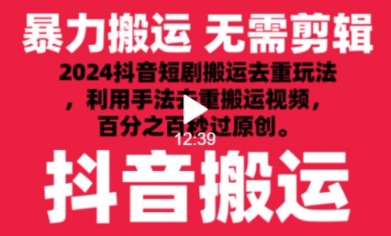 2024最新抖音搬运技术，抖音短剧视频去重，手法搬运，利用工具去重，达到秒过原创的效果【揭秘】-大齐资源站