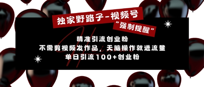 独家野路子利用视频号“强制提醒”，不需剪视频发作品，无脑操作就进流量，单日引流100+创业粉-大齐资源站
