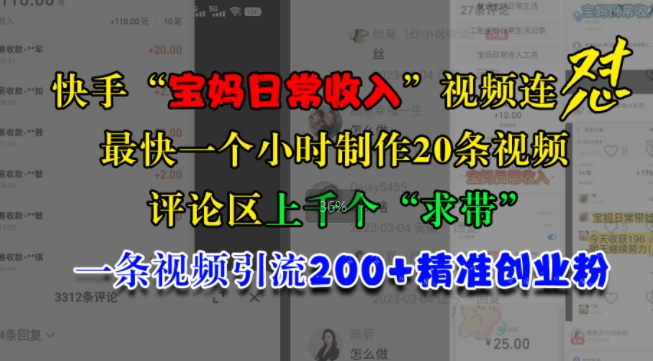 快手“宝妈日常收入”视频连怼，一个小时制作20条视频，评论区上千个“求带”，一条视频引流200+精准创业粉-大齐资源站