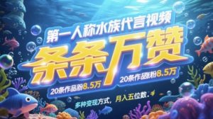 第一人称水族代言视频，条条万赞，20条作品涨粉7.8W，多种变现方式月入五位数-大齐资源站