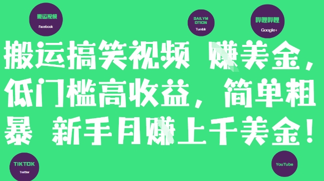 搬运搞笑视频挣美金，低门槛高收益，简单粗暴新手月入上千美刀-大齐资源站