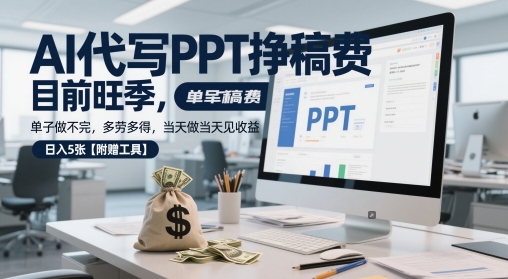 AI代写PPT挣稿费，目前旺季，单子做不完，多劳多得，当天做当天见收益，日入5张【附赠工具】-大齐资源站