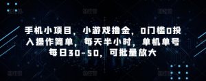 手机小项目，小游戏撸金，0门槛0投入操作简单，每天半小时，单机单号每日30-50，可批量放大-大齐资源站