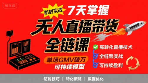 无人直播带货全链防封实战课，7天掌握高转化直播技术，实现单场GMV破万可持续模型-大齐资源站