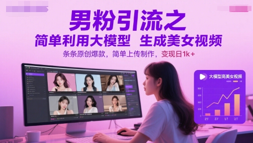 男粉引流之简单利用大模型生成美女视频，条条原创爆款，简单上传制作，变现日1k+-大齐资源站