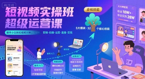 短视频实操班超级运营课，新手小白到短视频大神必修课程，剪辑-拍摄-运营-直播-变现-大齐资源站