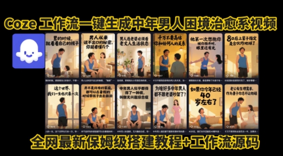 coze工作流一键生成”中年男人困境扎心高涨粉高播放量图文视频”保姆级拆解教程，无需剪辑，无需拍摄写文案-大齐资源站