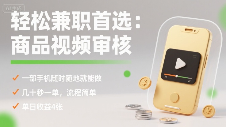 轻松兼职首选：商品视频审核，一部手机随时随地就能做，几十秒一单，流程简单，单日收益4张【揭秘】-大齐资源站