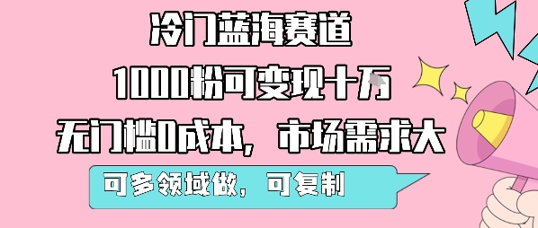 冷门蓝海赛道，1000粉可变现十W，无门槛0成本，市场需求大，可多领域做，可复制性强-大齐资源站