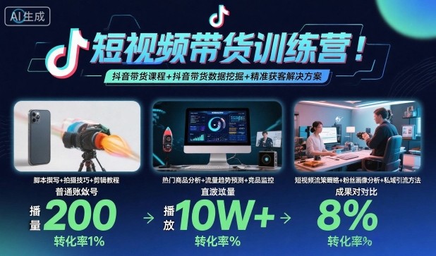 短视频带货训练营，抖音带货课程+抖音带货数据挖掘+精准获客解决方案-大齐资源站