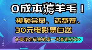 0成本薅羊毛!视频会员、话费卷、30元电影票白送，分享我如何靠转卖一天变现5张+【揭秘】-大齐资源站