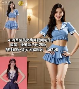 AI海军装美女跳舞视频制作教学，快速涨千粉万粉，视频教程+提示词(绘图词、动作词)-大齐资源站