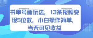 书单号新玩法，13条视频变现5位数，小白操作简单，当天可见收益-大齐资源站