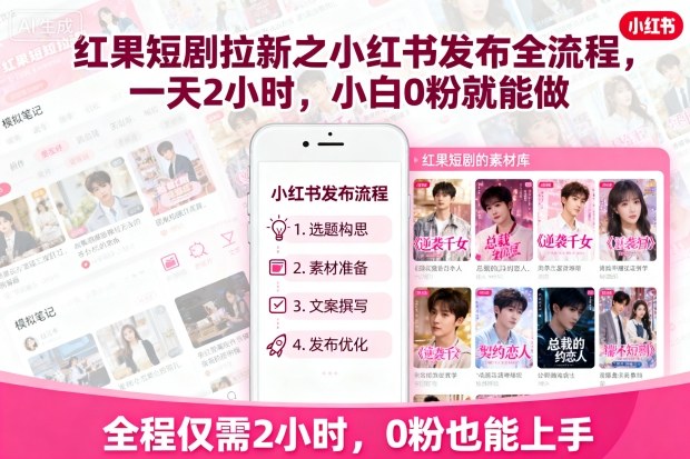 红果短剧拉新之小红书发布全流程，一天2小时，小白0粉就能做-大齐资源站