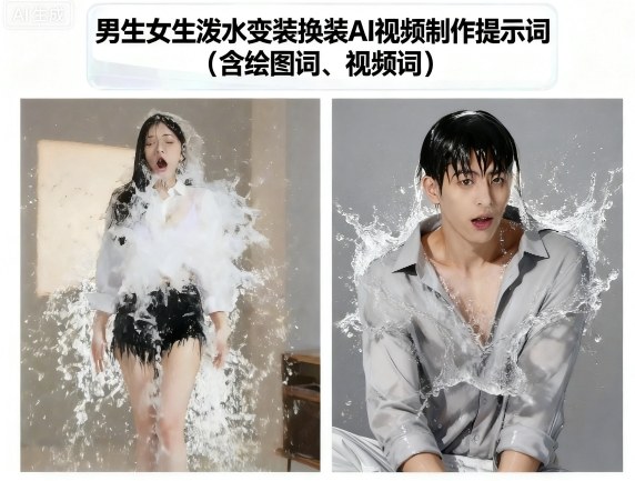 男生女生泼水变装换装AI视频制作提示词(含绘图词、视频词)-大齐资源站