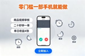 零门槛一部手机就能做，商品视频审核，通勤躺家碎片时间都能做，二十秒钟一单，单日收益4张【揭秘】-大齐资源站