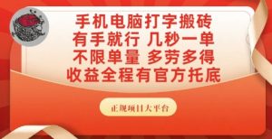 手机电脑打字搬砖，副业可发展主业来做蓝海项目，有手就行，几秒一单，不限单量，多劳多得【揭秘】-大齐资源站