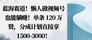 蓝海赛道，懒人做视频号也能躺挣，单条120W赞，分成计划直接拿1.5k，不用拍不用剪-大齐资源站