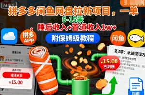 拼多多闲鱼网盘拉新项目,一单5-15米,睡后收入+管道收入1w+(附保姆级教程)-大齐资源站