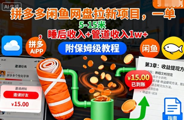 拼多多闲鱼网盘拉新项目，一单5-15米，睡后收入+管道收入1w+（附保姆级教程）-大齐资源站