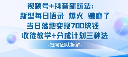 视频号加抖音新玩法：爆火新型每日语录，收徒教学加分成计划，三种变现玩法，当日变现7张-大齐资源站