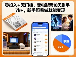零投入+无门槛,卖电影票10天到手7k+,新手照着做就能变现【揭秘】-大齐资源站