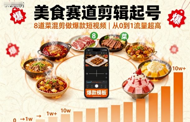 美食赛道剪辑起号，8道菜混剪做爆款短视频，从0到1，流量超高-大齐资源站