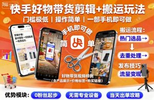 快手好物带货剪辑+搬运玩法，门槛极低，操作简单，一部手机即可玩做-大齐资源站