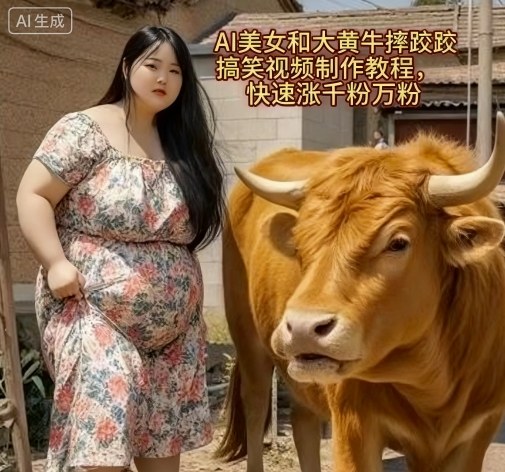 AI美女和大黄牛摔跤搞笑荒诞视频制作教程，快速涨千粉万粉-大齐资源站