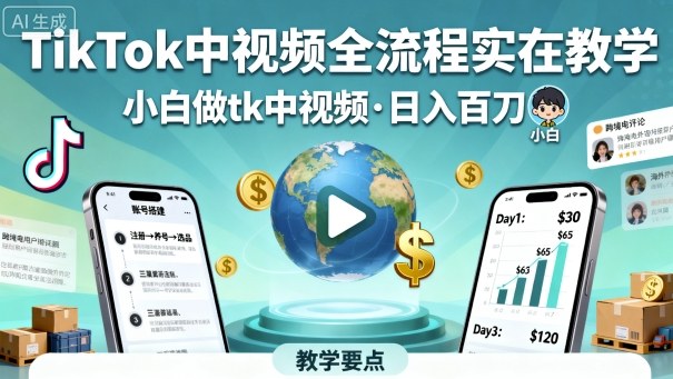 TikTok中视频全流程实操教学，小白做tk中视频，日入百刀-大齐资源站