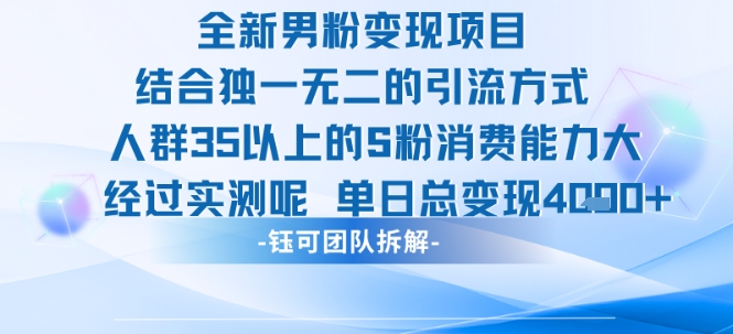 全新男粉变现项目引流人群35以上的男粉消费能力大 经过实测单日变现1k+-大齐资源站