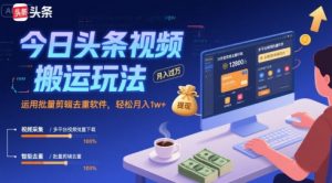 今日头条视频搬运玩法，运用批量剪辑去重软件，轻松月入1w+-大齐资源站